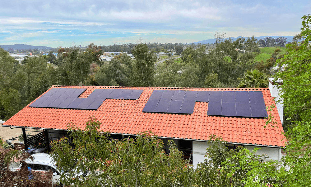 After installation: Enhanced clay tile roof with integrated 13.365 kW solar system and battery backup at the Fortin home in La Mesa, CA